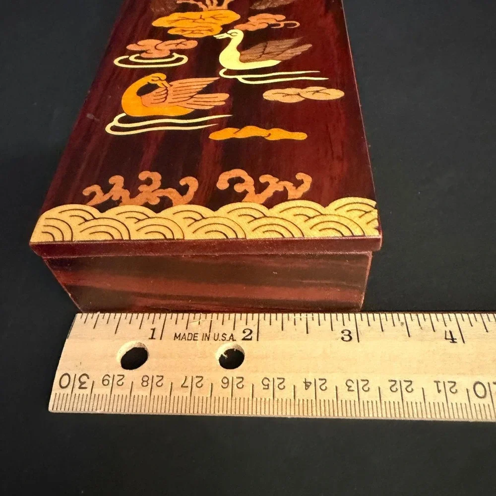 Vintage Korean Inlay Wood Box KICAC‎ Duck/Crane Marquetry Red Velvet RARE